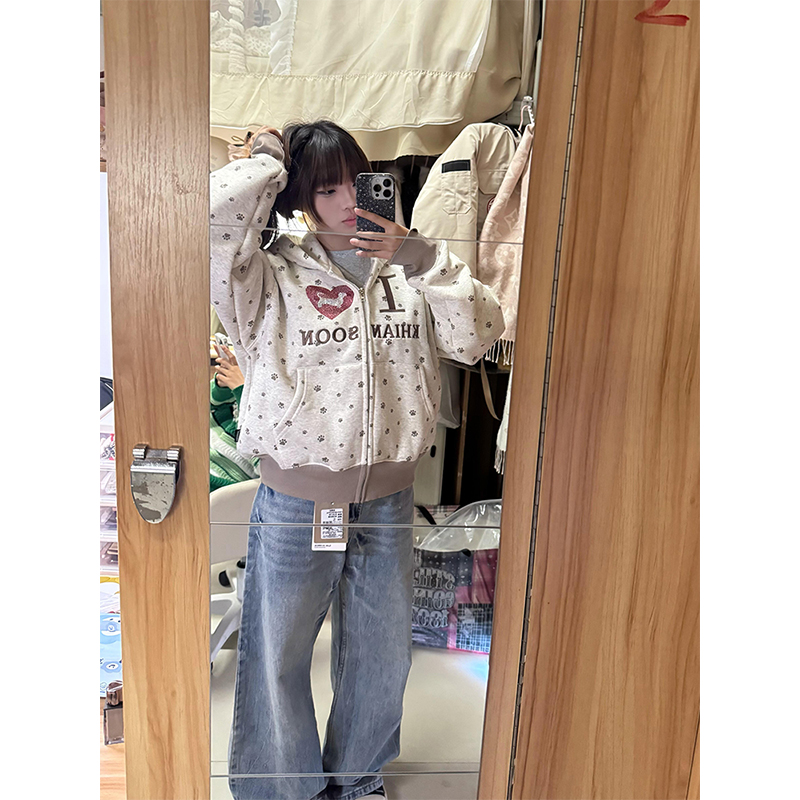 美式复古爱心小狗加绒连帽卫衣女