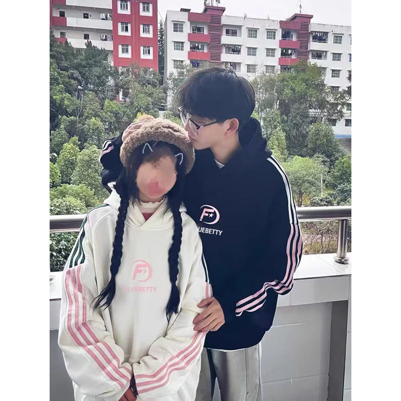 国潮美式黑色连帽卫衣女2024新款