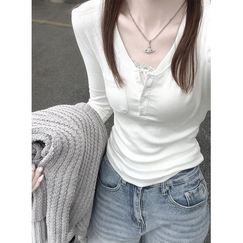 韩系简约白色口袋内搭打底衫女早秋季修身chic超好看长袖t恤上衣