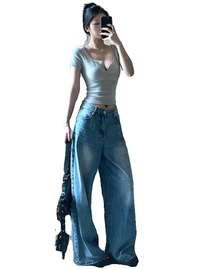 美式复古v领辣妹紧身短袖t恤女夏
