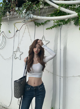 一字肩白色长袖短款t恤女2025新款纯欲辣妹性感紧身收腰气质上衣