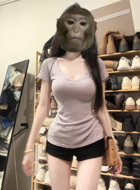 韩系纯欲紫色正肩V领短袖t恤女2025新款夏季修身显瘦掐腰辣妹上衣