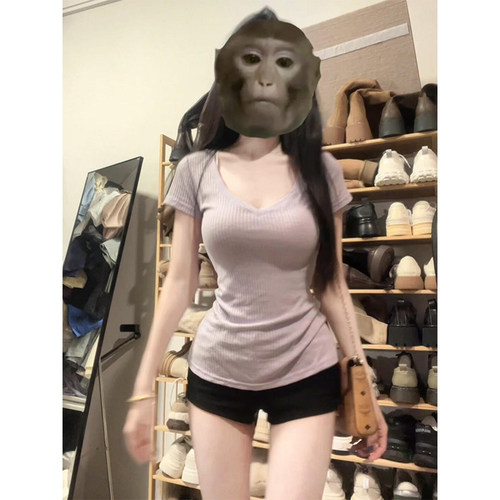 韩系纯欲紫色正肩V领短袖t恤女