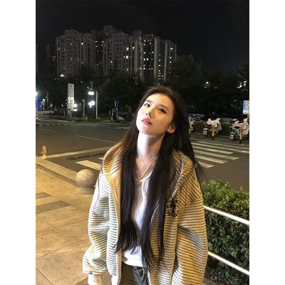 十字星星刺绣条纹开衫连帽卫衣女