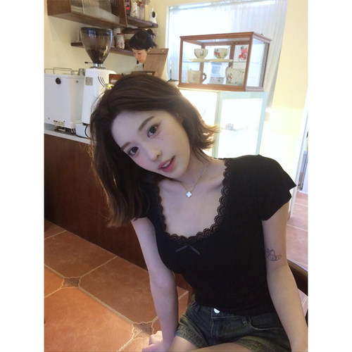 纯欲蕾丝花边蝴蝶结短袖t恤女夏