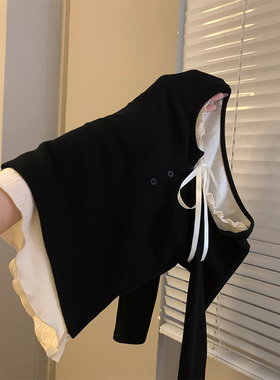黑色绑带蝴蝶结德绒打底衫女秋冬内搭修身显瘦纯欲假两件长袖上衣