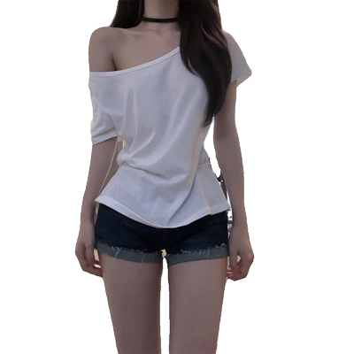 白色斜肩露肩辣妹短袖t恤女夏季