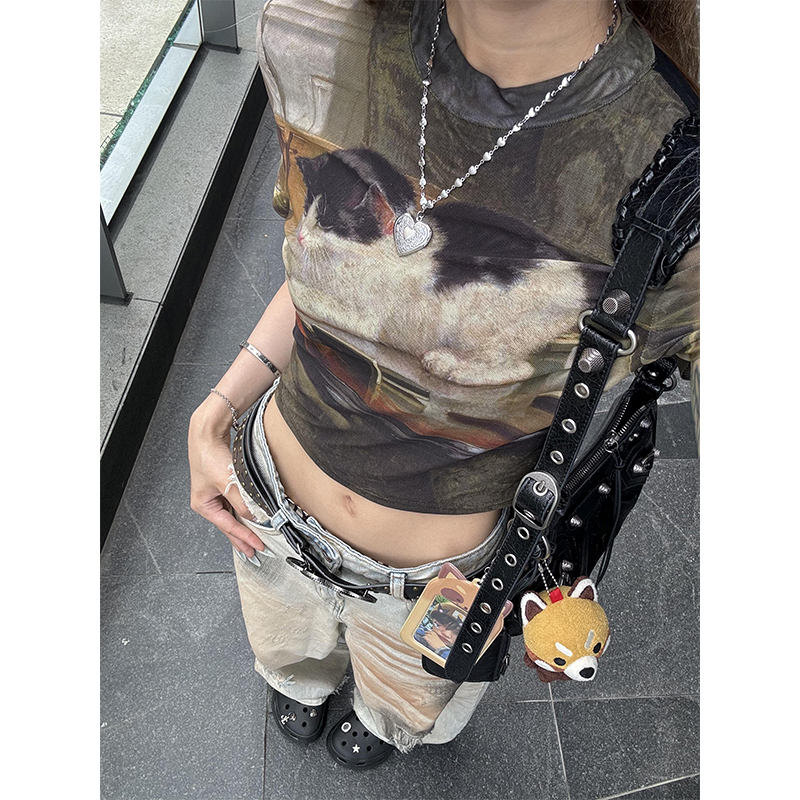 美式复古辣妹小猫印花正肩T恤女