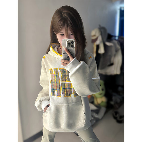 国潮牌美式编织贴布刺绣卫衣女秋