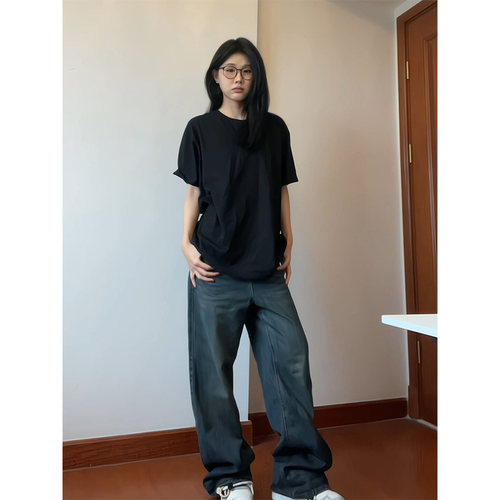 纯棉黑色短袖t恤女春夏宽松休闲