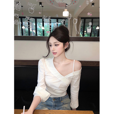 白色斜肩抽褶衬衫女早秋2025新款