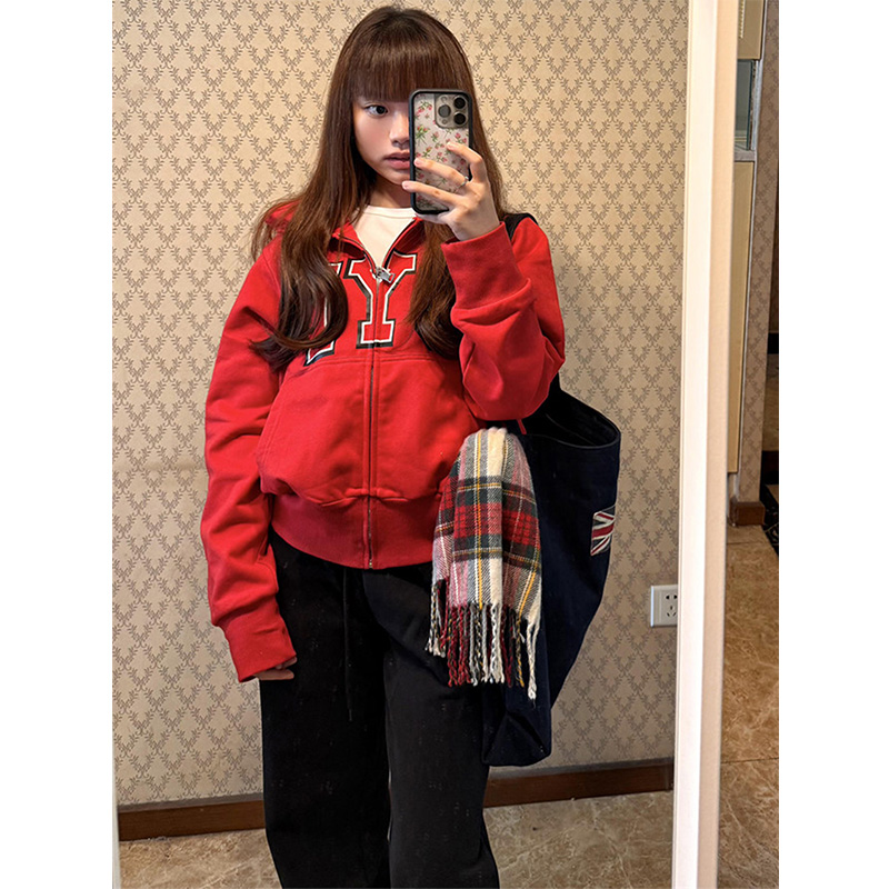 美式复古红色字母印花连帽加绒卫衣女秋冬拉链开衫小个子短款外套