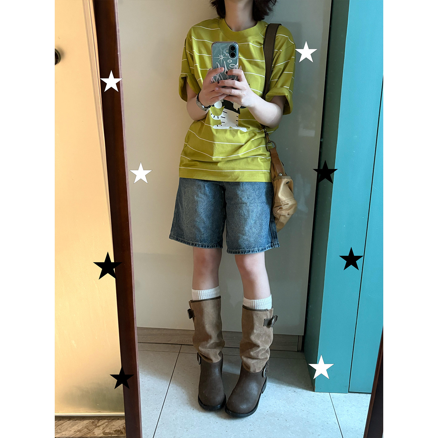 美式复古芥黄条纹猫咪印花短袖t恤女夏季设计感小众宽松半袖上衣