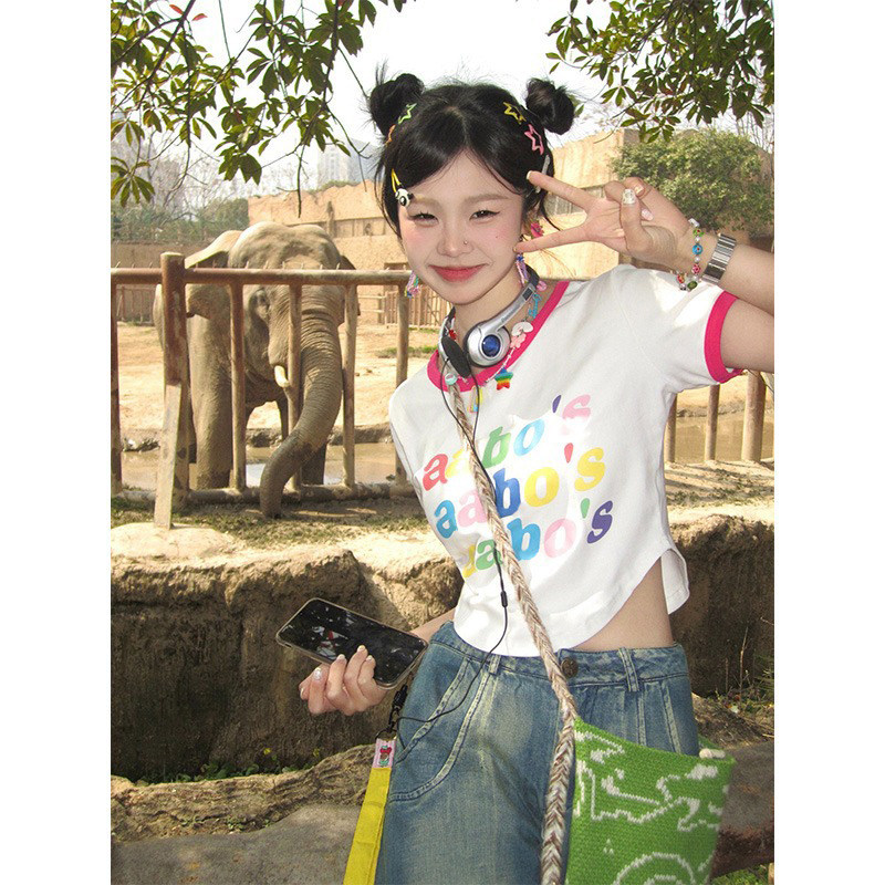 甜辣纯欲修身不规则短袖t恤女夏