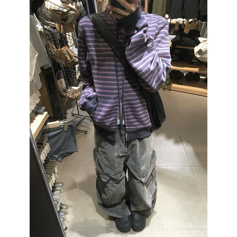 韩系紫色条纹立领拉链卫衣女秋冬季2025新款修身正肩长袖开衫外套