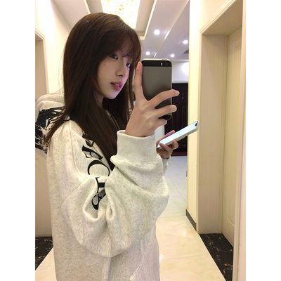 美式高街印花连帽卫衣女加绒加厚