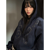 美式 上衣 加绒加厚宽松拉链开衫 复古重工柳钉短款 卫衣外套女秋冬季