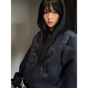 美式复古重工柳钉短款卫衣外套女秋冬季加绒加厚宽松拉链开衫上衣