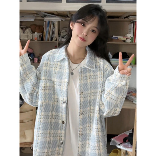 翻领格纹小香风外套女春秋季新款