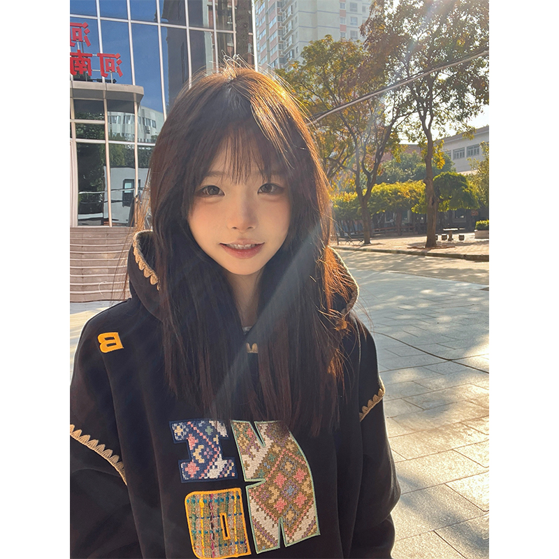 美式复古小香风贴布绣花连帽卫衣