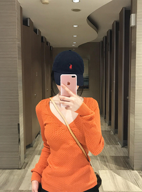 2025春季新款性感纯欲橙色v领针织衫女修身显瘦麻花打底长袖上衣