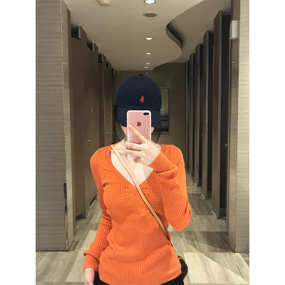 性感纯欲橙色v领长袖针织衫女春