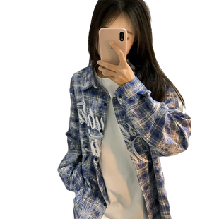 美式高街字母刺绣格子衬衫女春秋薄款休闲防晒设计感小众衬衣外套