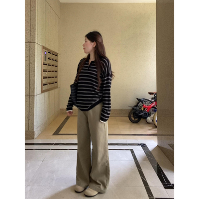 秋季POLO翻领条纹长袖宽松t恤女