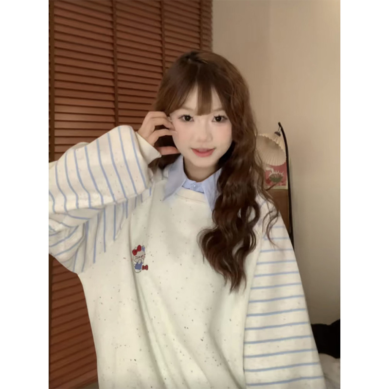韩系甜妹条纹撞色kitty无帽卫衣
