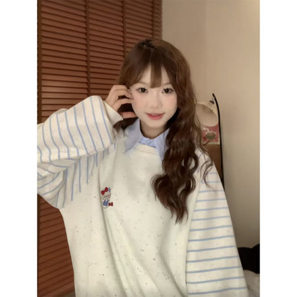 韩系甜妹条纹撞色kitty无帽卫衣女春秋设计感宽松慵懒风圆领上衣