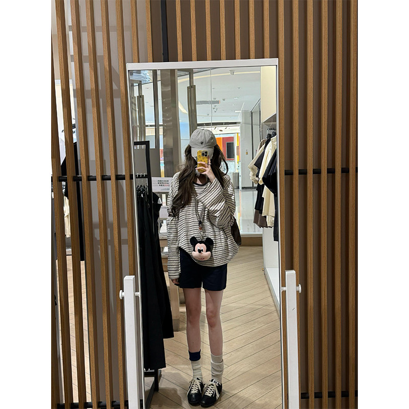 黑白条纹长袖薄款t恤女夏季韩系图片