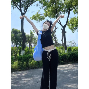 黑色抽绳休闲裤 新款 撞色高腰直筒宽松小个子阔腿运动裤 女2024夏季