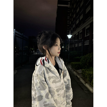 美式高街鲨鱼头双帽迷彩卫衣女秋冬季加绒加厚拉链开衫国潮牌外套