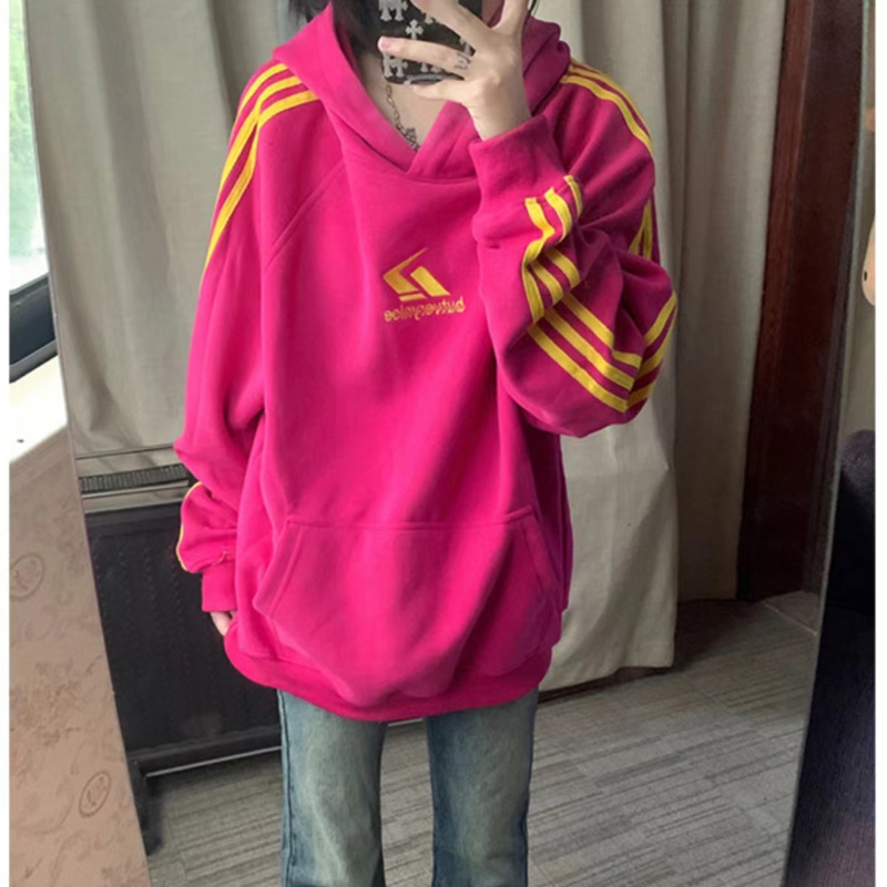 美式复古玫红色连帽卫衣女秋冬