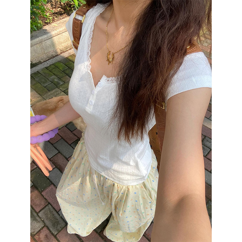 纯欲性感白色蕾丝花边短袖t恤女夏季甜辣妹修身显瘦短款绝美上衣