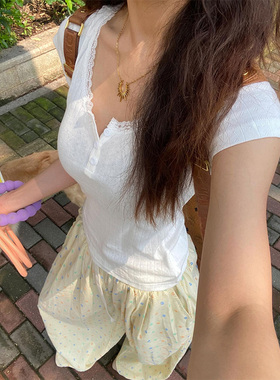 纯欲性感白色蕾丝花边短袖t恤女夏季甜辣妹修身显瘦短款绝美上衣
