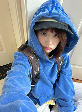 美式高街蓝色字母刺绣连帽卫衣女秋冬加绒加厚潮牌宽松情侣装外套