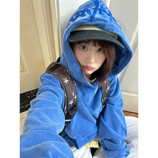 美式 外套 高街蓝色字母刺绣连帽卫衣女秋冬加绒加厚潮牌宽松情侣装