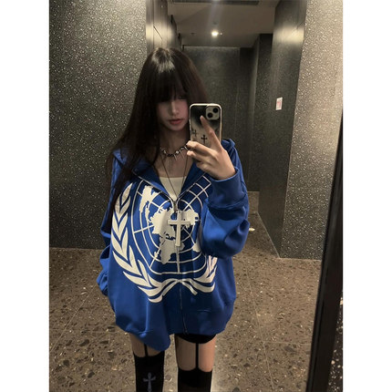 美式高街印花连帽开衫卫衣女秋冬季加绒加厚oversize潮牌情侣外套