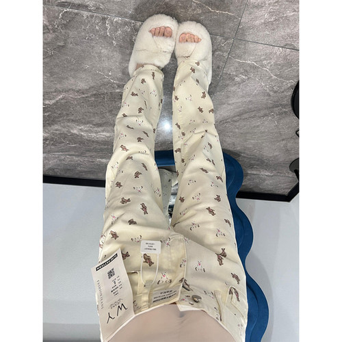 美式复古小熊印花直筒牛仔裤女