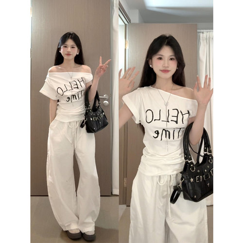 美式甜辣白色斜肩扭结短袖t恤女