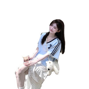 美式辣妹蕾丝花边短袖球衣t恤女2026夏季宽松显瘦气质学院风上衣