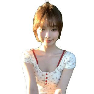 纯欲碎花bm假两件正肩短袖t恤女夏季修身甜辣别致短款带胸垫上衣