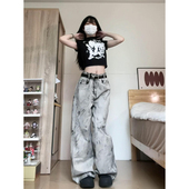 宽松直筒不规则阔腿长裤 美式 2025新款 女夏季 高街水洗花灰色牛仔裤