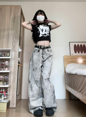 美式高街水洗花灰色牛仔裤女夏季2025新款宽松直筒不规则阔腿长裤