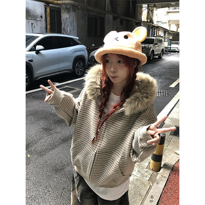 美式复古条纹毛领连帽外套女秋冬