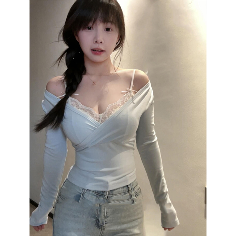 纯欲风性感一字肩V领长袖t恤女春秋2025新款修身收腰紧身辣妹上衣
