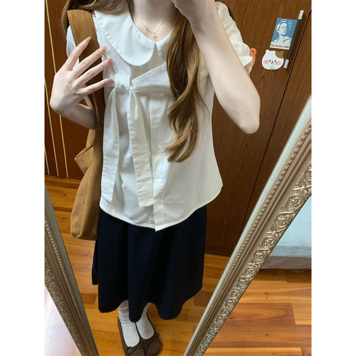 韩系学院风娃娃领正肩短袖衬衫女