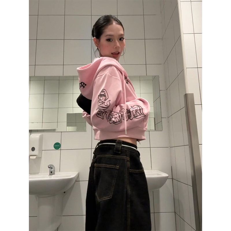 美式复古哥特风粉色开衫卫衣女