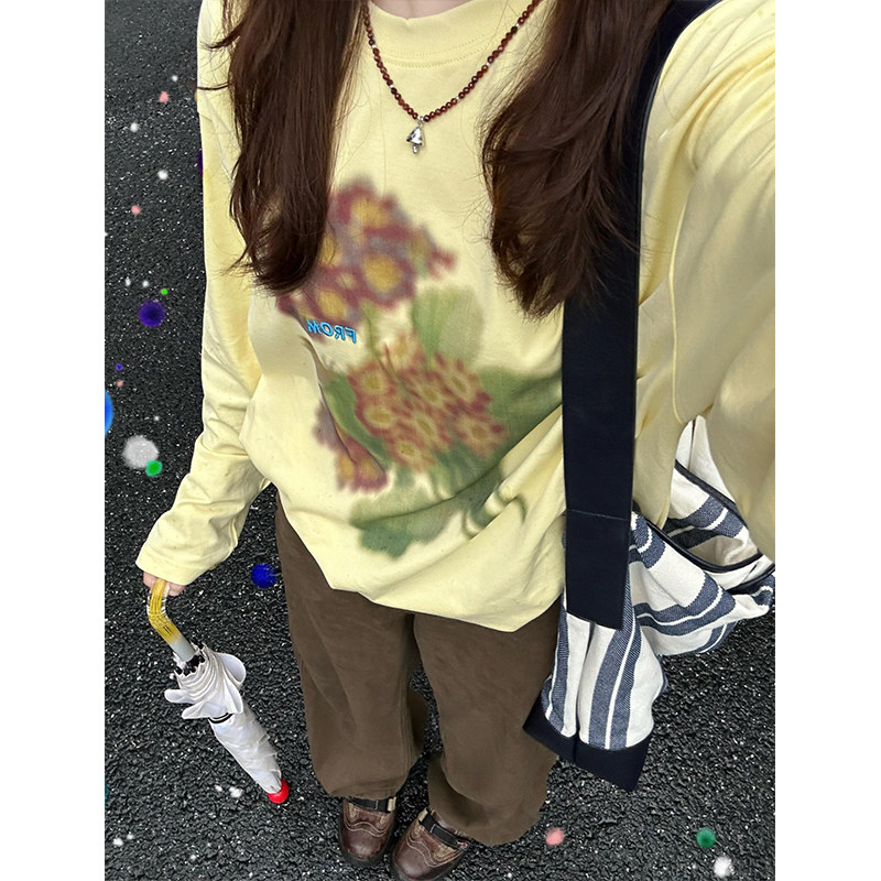 韩系奶黄色花卉印花长袖t恤女秋